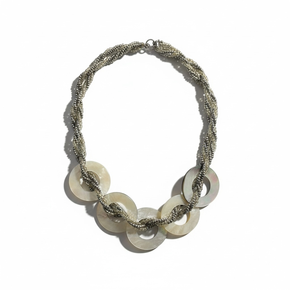 Silver & White Beaded Shell Statement Necklace - image 2